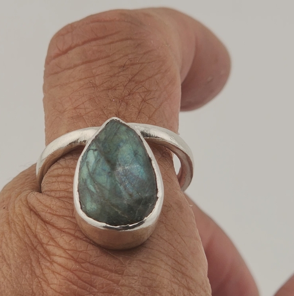 LABRADORITE TEAR DROP STONE ROSE-CUT HANDMADE STERLING SILVER RING SIZE 9 - Picture 4 of 16